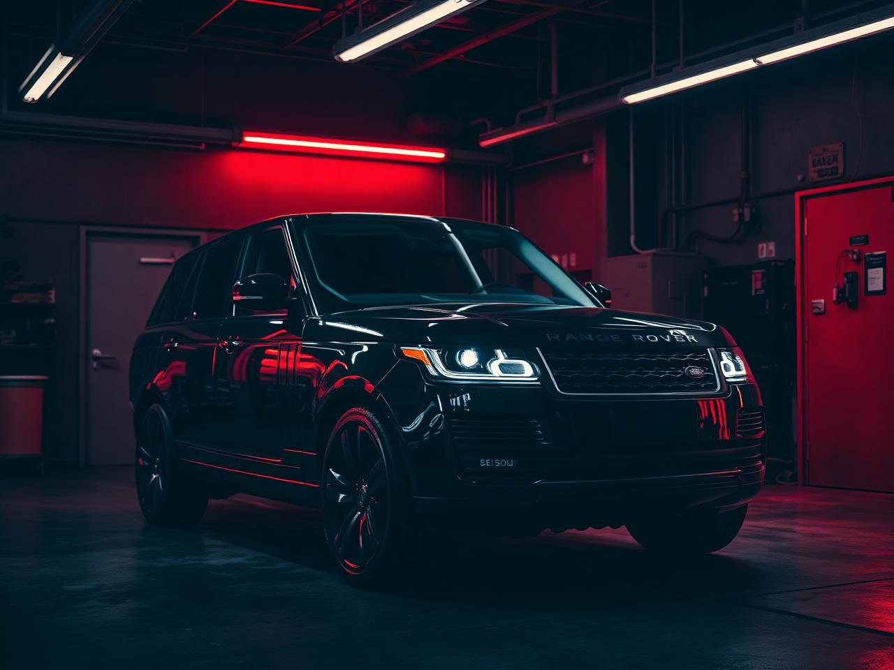 Black Land Rover Range Rover in workshop